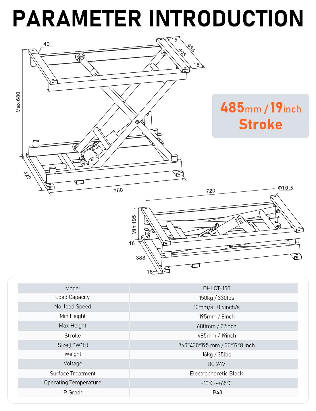 DIHOOL Scherenhubtisch Elektrisch scherenhebebühne kfz hebebühne DIY hubtisch(150kg Tragkraft,485mm Hubhöhe)