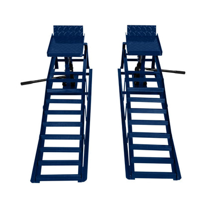 2X hydraulische Auffahrrampen Set 3T (3000kg) – höhenverstellbar 270-390mm, 34x26cm Plattform, max. Reifenbreite 245mm, blauer Stahl
