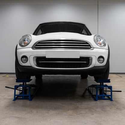 2X hydraulische Auffahrrampen Set 3T (3000kg) – höhenverstellbar 270-390mm, 34x26cm Plattform, max. Reifenbreite 245mm, blauer Stahl