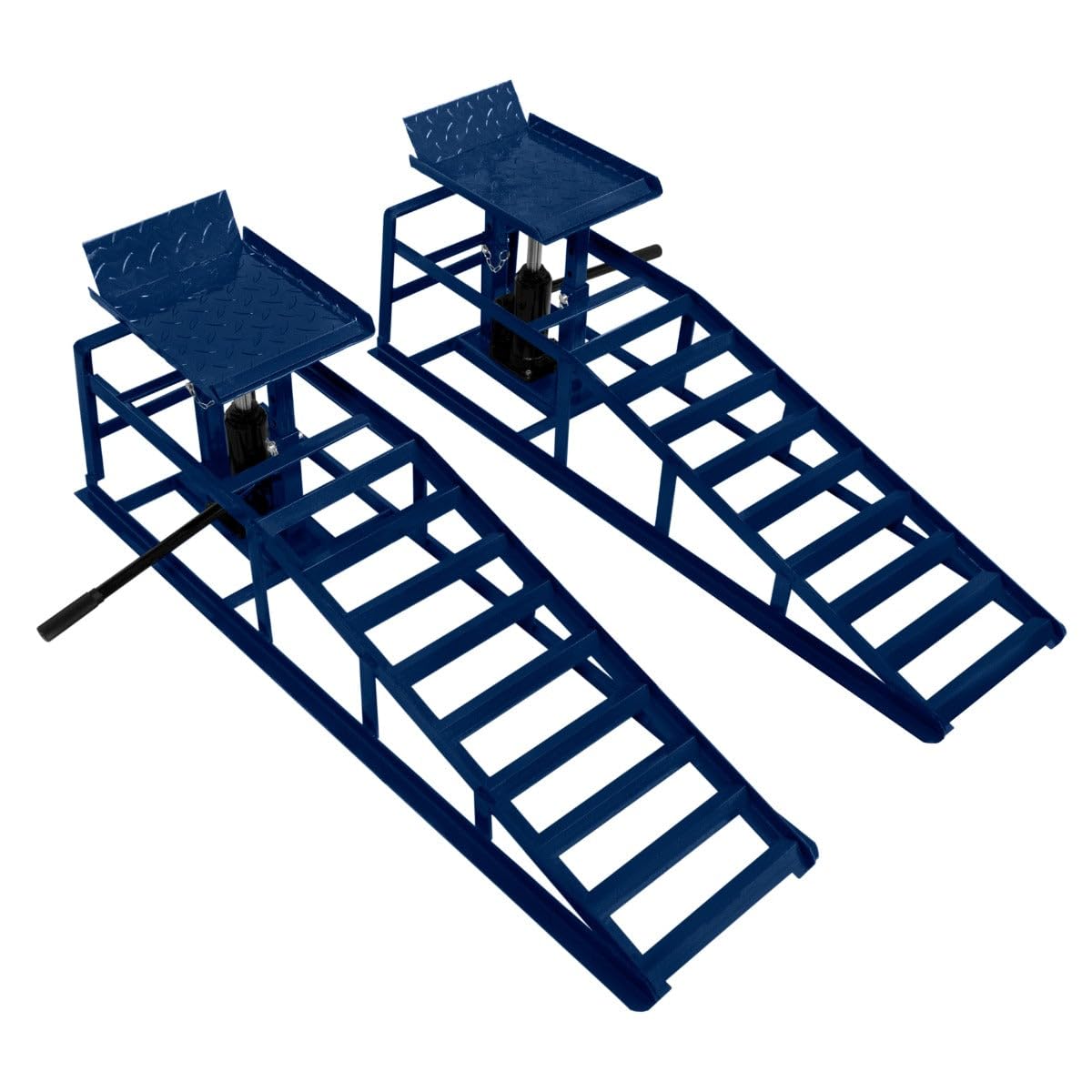2X hydraulische Auffahrrampen Set 3T (3000kg) – höhenverstellbar 270-390mm, 34x26cm Plattform, max. Reifenbreite 245mm, blauer Stahl