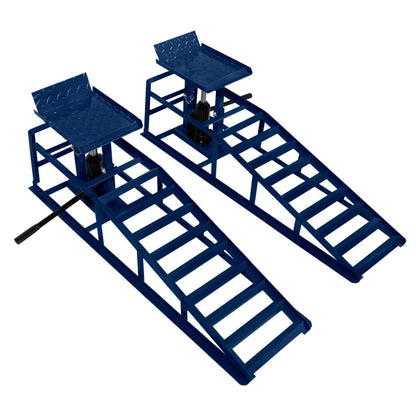 2X hydraulische Auffahrrampen Set 3T (3000kg) – höhenverstellbar 270-390mm, 34x26cm Plattform, max. Reifenbreite 245mm, blauer Stahl