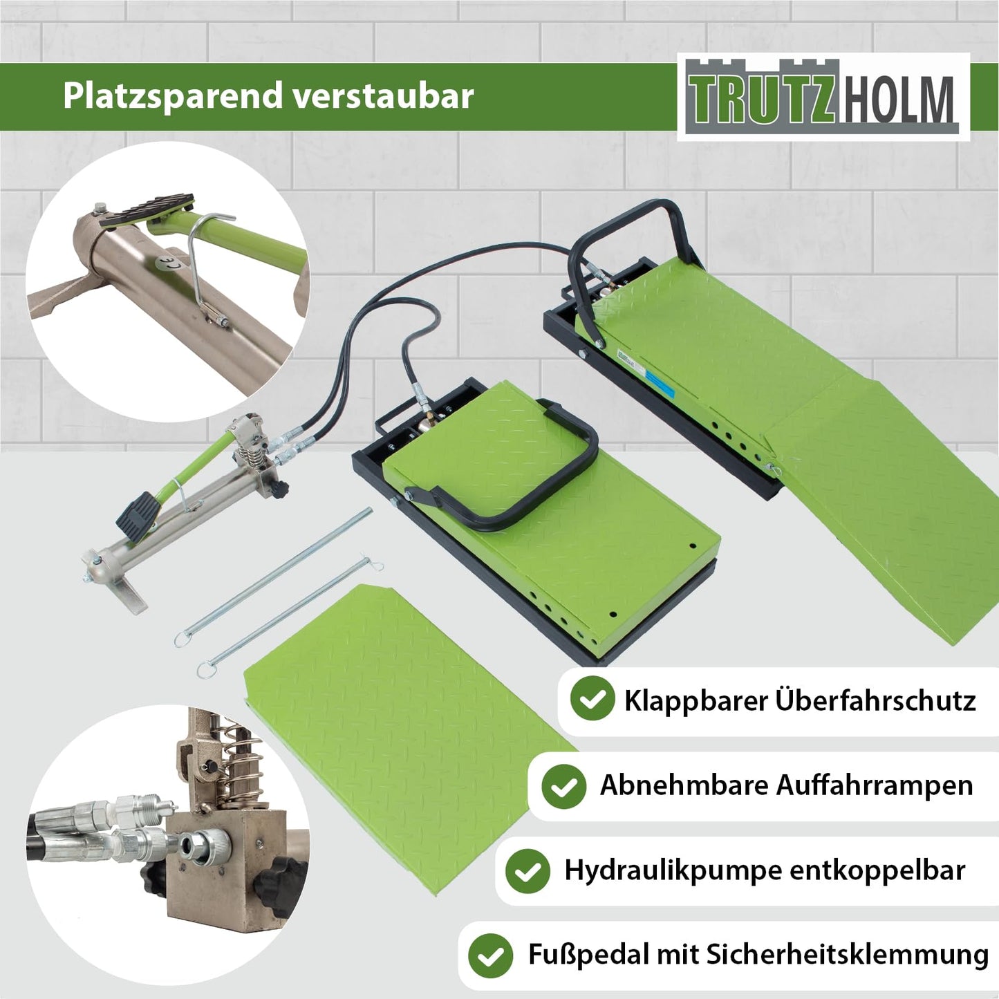 TRUTZHOLM hydraulische Auffahrrampe – höhenverstellbar, 1360 kg Tragkraft, 34 cm breite Hebeplattform, doppelte Hebebühne, schwarz/grün