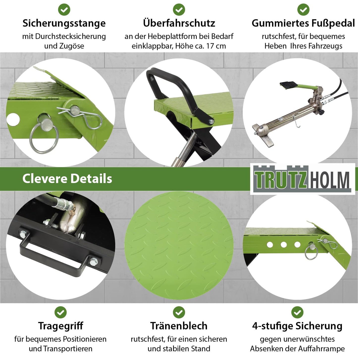 TRUTZHOLM hydraulische Auffahrrampe – höhenverstellbar, 1360 kg Tragkraft, 34 cm breite Hebeplattform, doppelte Hebebühne, schwarz/grün