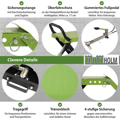 TRUTZHOLM hydraulische Auffahrrampe – höhenverstellbar, 1360 kg Tragkraft, 34 cm breite Hebeplattform, doppelte Hebebühne, schwarz/grün