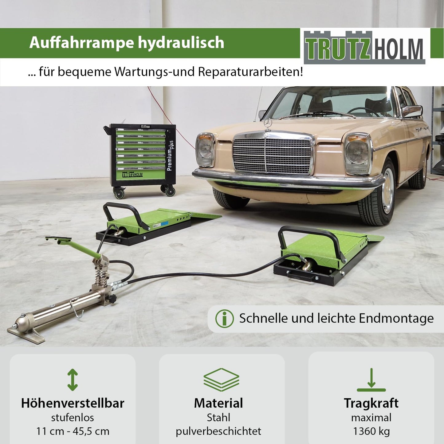 TRUTZHOLM hydraulische Auffahrrampe – höhenverstellbar, 1360 kg Tragkraft, 34 cm breite Hebeplattform, doppelte Hebebühne, schwarz/grün