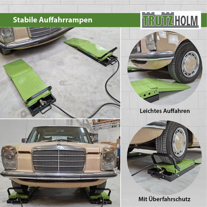 TRUTZHOLM hydraulische Auffahrrampe – höhenverstellbar, 1360 kg Tragkraft, 34 cm breite Hebeplattform, doppelte Hebebühne, schwarz/grün